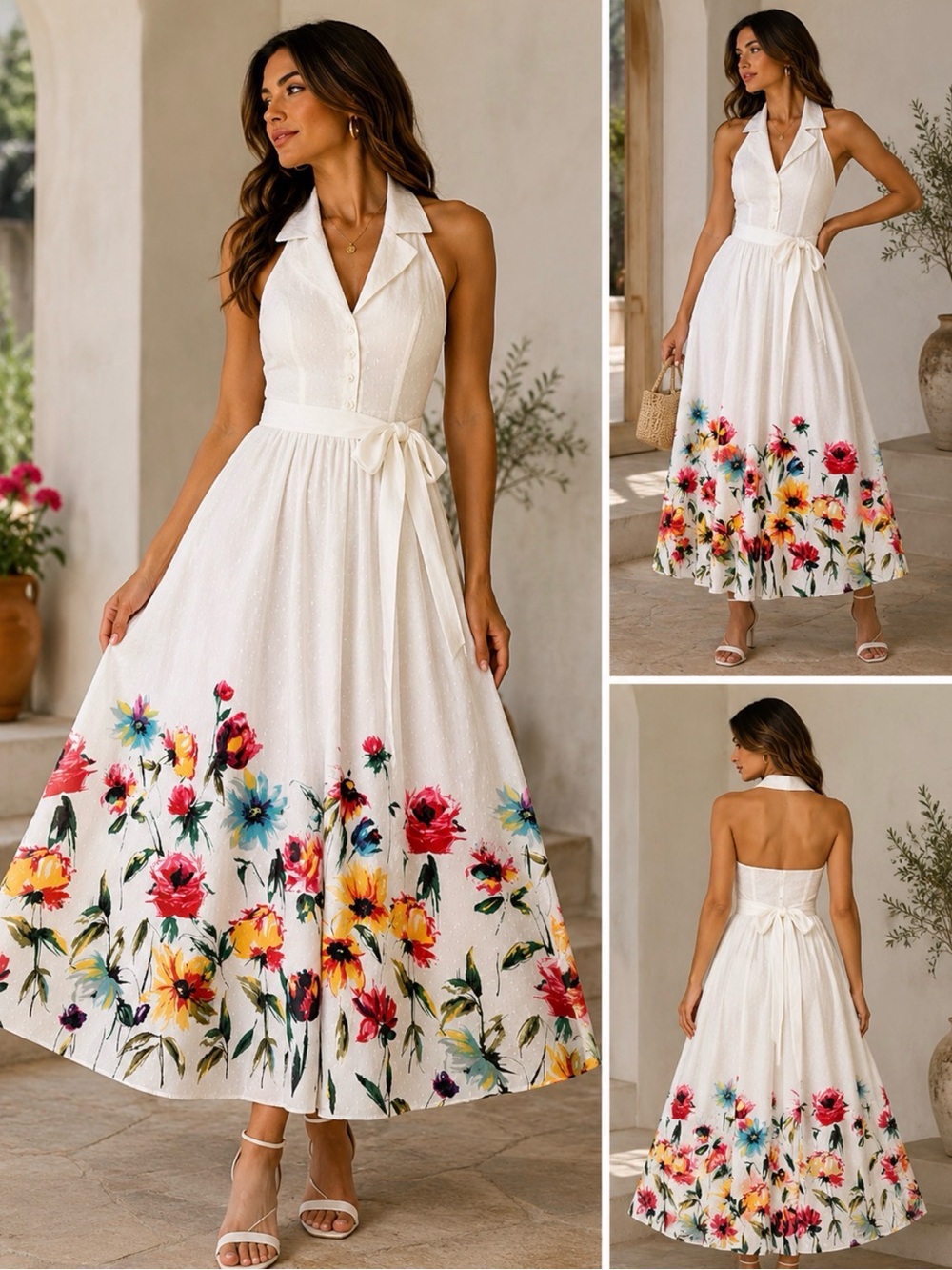 A.P.N.Y. White Halter Asymmetrical Dress with Multicolor Floral Border